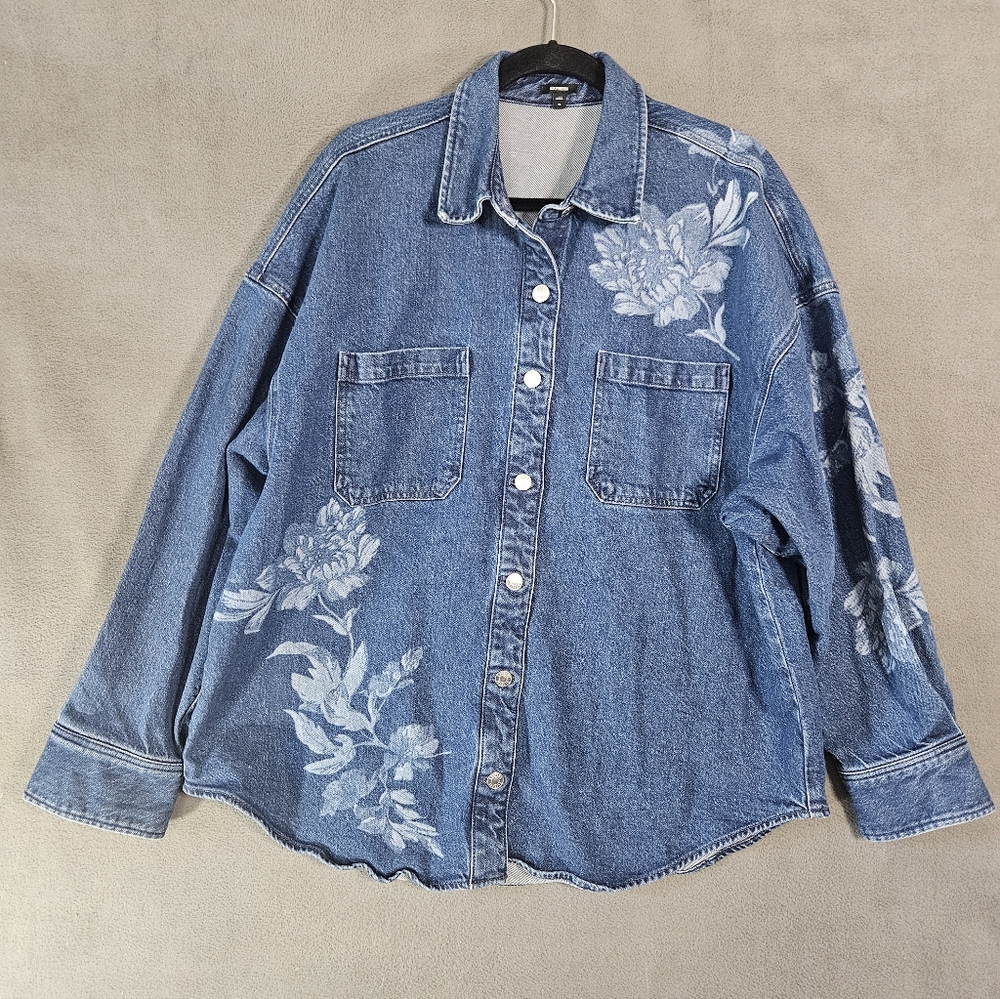 Express Jean Jacket Womens Rose Print Boho Button Up Blue Floral Oversized XL